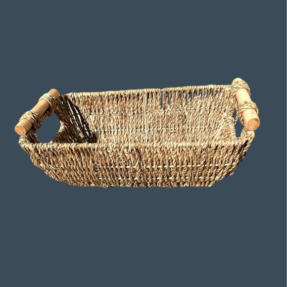 UNKNOWN Other - WOODEN WITH HANDLES STRAW HAND-WOVEN WICKER STORAGE BASKET